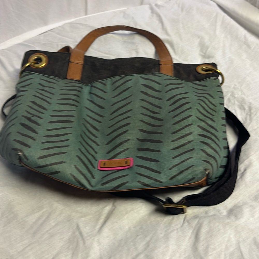 FOSSIL Women’s Keely Herringbone Coated Canvas Crossbody Purse Tote Teal Pink